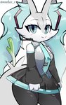 2024 5:8 absurd_res anthro blue_eyes blue_hair blue_nose bottomwear braixen breasts clothing eyebrows eyelashes female food fur generation_6_pokemon grey_body grey_fur hair hatsune_miku hi_res inner_ear_fluff leek long_hair looking_at_viewer meekax_x necktie nintendo onion plant pokemon pokemon_(species) skirt smile solo tuft vegetable vocaloid white_body white_fur