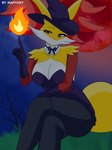 absurd_res anthro artmaphoxy big_breasts breasts canid canine clothed clothing delphox digital_media_(artwork) female generation_6_pokemon hi_res inner_ear_fluff looking_at_viewer mammal nintendo pokemon pokemon_(species) sky smile solo tuft