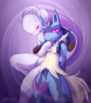 ambiguous_gender anthro bald black_body black_fur blue_body blue_fur blush canid canine duo fluffy fluffy_tail fur generation_6_pokemon glowing glowing_eyes hand_on_head hi_res hypnosis legendary_pokemon mammal mega_evolution mega_lucario mega_mewtwo mega_mewtwo_y mind_control nintendo nurinaki playful pokemon pokemon_(species) purple_eyes red_body red_fur spikes stroking_(disambiguation) tail tongue tongue_out wide_hips yellow_body yellow_fur