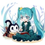 2022 alternate_costume bendy_and_the_ink_machine bendy_the_dancing_demon blue_clothing blue_dress blue_eyes blue_hair blue_nails book book_on_lap clothing colored_nails crown demon dress duo female grin hair hatsune_miku headgear hi_res human long_dress lying male male/female mammal nails on_front open_mouth open_smile powderblue_lan smile tail twintails_(hairstyle) vocaloid