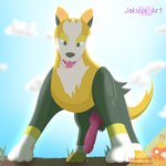 1:1 absurd_res big_penis bodily_fluids boltund canid canine erection feral generation_8_pokemon genital_fluids genitals hi_res jakuya_art knot looking_at_viewer male mammal nintendo open_mouth paws penis pokemon pokemon_(species) precum sky solo standing_over tail tongue tongue_out