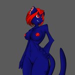 anthro blue_body blue_fur breasts domestic_cat felid feline felis female female/female fur genitals hair hi_res mammal nude pussy red_hair sarah_(thetrashcat) smile smug_grin solo thetrashcat