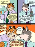 3:4 5_fingers anthro canid canine canis clothed clothing comic countershade_face countershade_fur countershading dialogue duo english_text eyebrows felid fingers fruitz fur grey_body grey_fur hi_res humor male mammal mike_(fruitz) multiple_scenes necktie open_mouth orange_body orange_fur pantherine speech_bubble steve_(fruitz) striped_body striped_fur stripes text tiger wolf