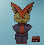 2018 ambiguous_gender anthro asian_clothing big_ears biped bottomwear chinese_clothing clothed clothing east_asian_clothing english_text eyes_closed fangs firefightdex front_view full-length_portrait generation_5_pokemon grey_background grey_clothing hands_together hatching_(art) hi_res jiasha_robe legendary_pokemon mammal marco_fanjul marker_(artwork) martial_arts meditation mixed_media monk multicolored_body nintendo orange_body oversized_clothing pants pen_(artwork) pokemon pokemon_(species) portrait robe shaded shadow shaolin_monk simple_background smile solo teeth text toony traditional_media_(artwork) two_tone_body victini yellow_body