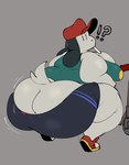 ?! animal_humanoid anthro baseball_cap belly big_belly big_breasts big_butt black_bottomwear black_clothing black_ears black_shorts bottomwear breasts butt butt_cleavage candy canid canid_humanoid canine canis clothed clothing crouching dessert digital_media_(artwork) domestic_dog expressive fat_legs female food gamer_dog hat headgear headwear hi_res huge_belly huge_breasts huge_butt huge_thighs humanoid lollipop lollipop_in_mouth long_ears mammal mammal_humanoid neetbean obese obese_anthro obese_female obese_humanoid overweight overweight_anthro overweight_female overweight_humanoid pac-man_(series) red_baseball_cap sagging_stomach scooter shirt shorts simple_background solo surprise surprised_expression t-shirt tail thick_thighs topwear wide_hips