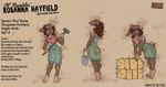 anthro brown_body brown_fur clothing dirt dust_bunny english_text female fur hay hi_res model_sheet overalls plaid posspowered rosanna_hayfield_(posspowered) solo text