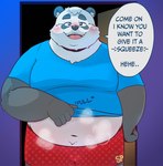 2023 anthro bear belly big_belly black_body black_nose blush clothed clothing clothing_lift dialogue english_text giant_panda hi_res humanoid_hands male mammal musk navel overweight overweight_male shirt shirt_lift solo spacepanda text topwear underwear white_body