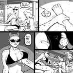 1:1 5_fingers anthro arm_grab athletic athletic_female bar big_breasts bikini biped black_and_white bottomwear bovid breast_grab breasts caprine cheetah clothed clothing comic day dialogue duo ellipsis english_text eyewear felid feline female fingers fully_clothed fully_clothed_male furniture guided_breast_grab hand_on_another's_breast hand_on_breast looking_at_another lyla_(ehs) male mammal monochrome on_stool outside pantherine shirt shorts sitting sitting_on_stool slim slim_male slypon speech_bubble stool sunglasses swimwear t-shirt text thoughts tom_(ehs) topwear two-piece_swimsuit