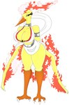 anthro armwear beak big_breasts bottomwear breasts clothed clothing collar female fire generation_1_pokemon hi_res huge_breasts legendary_pokemon moltres nintendo pokeball pokemon pokemon_(species) purple_eyes simple_background skirt solo topwear ultra_ball urusee584 white_background wings yellow_body