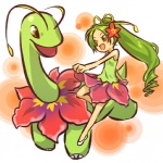 1:1 alternate_species bottomwear brown_eyes clothing cosplay dress duo eye_contact female feral flower flower_(anatomy) generation_2_pokemon green_hair hair hitec human humanized long_hair looking_at_another mammal meganium nintendo open_mouth plant pokemon pokemon_(species) skirt