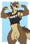 anthro balls bardic_(bardicrj) big_penis biped bottomless bottomless_anthro bottomless_male brown_body brown_fur canid canine canis clothed clothing countershade_face countershade_fur countershade_torso countershading coyote eyebrows flexing flexing_bicep flexing_both_biceps foreskin fur genitals hi_res humanoid_genitalia humanoid_penis lukiro male mammal muscular muscular_anthro muscular_male penis piercing shirt solo tank_top text text_on_clothing text_on_shirt text_on_tank_top text_on_topwear topwear