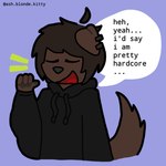 1:1 anthro ashblondekittyy black_clothing black_hoodie black_topwear brown_body brown_hair canid canine canis clothing dialogue domestic_dog english_text eyes_closed floppy_ears gesture grey_nose hair hand_gesture hoodie male mammal open_mouth pawpads paws piercing pointing pointing_at_self rex_(ashblondekittyy) smug solo speech_bubble tail text topwear trans_(lore) trans_man_(lore)