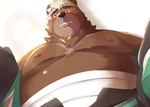 accessory anthro bare_chest bear belly blush brown_body brown_fur chest_wraps fur goro_(live_a_hero) hair headband hi_res lifewonders live_a_hero male mammal musclegut muscular nipples pec_pov_meme pecs smile solo utu_kuma257 white_hair wraps