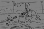 2023 anthro clothed clothing cloud conditional_dnp detailed_background digital_drawing_(artwork) digital_media_(artwork) disney duo english_text eyewear female fence field glasses hat hay headgear headwear hi_res hill holding_object inktober judy_hopps lagomorph leporid light_truck mammal monochrome motor_vehicle outside pickup_truck pitchfork rabbit sibling_(lore) sister_(lore) sisters_(lore) sun_hat tangerine_(artist) text tools truck_(vehicle) utility_pole vehicle violet_hopps zootopia