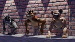 16:9 anthro blue_eyes brown_body brown_eyes brown_fur canid canine canis fox_the_hyena fur green_eyes grey_body grey_fur group hi_res hyena male mammal stuck trio wall_(structure) widescreen wolf