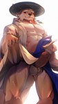 abs absurd_res anthro asian_clothing ball_tuft balls blush bodily_fluids body_hair canid canine canis closed_smile clothed clothing domestic_dog east_asian_clothing embarrassed erection foreskin genital_fluids genitals hat headgear headwear hi_res humanoid_genitalia humanoid_penis inugami_(onmyoji) male mammal mouth_closed muscular muscular_male netease_games onmyoji open_clothing partially_retracted_foreskin pecs penis precum precum_on_finger precum_on_hand precum_string quads relax_lion simple_background smile solo spinugami_(onmyoji) standing sweat thick_penis three-quarter_view tuft twig_in_mouth vein veiny_penis white_background yellow_body