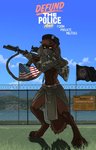 5_toes abs aleone alyph_ironclaws american_flag anthro athletic barefoot beret blue_sky bottomwear brown_body brown_fur camo carbine claws clothed clothing colt_723 detailed_background digitigrade english_text face_mask feet female fingerless_gloves flagpole fur george_floyd_protest gloves grass grin gulonine gun handwear hat headgear headwear holding_object holding_weapon jacket leg_markings looking_at_viewer mammal markings mask mercenary midriff muscular muscular_anthro muscular_female mustelid musteline open_clothing open_shirt open_topwear plant politics ranged_weapon red_dawn rifle shirt skirt sky smile socks_(marking) solo tactical_gear tactical_gloves text toe_claws toes topwear united_states_of_america weapon wolverine