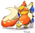 2024 2_tails against_surface against_wall belly belly_crush big_belly digital_drawing_(artwork) digital_media_(artwork) dipstick_tail duo feral floatzel generation_4_pokemon grey_body hand_on_belly hi_res markings multi_tail nintendo orange_body pokemon pokemon_(species) raster_dreams signature simple_background size_difference squish standing tail tail_markings thick_thighs white_background white_belly white_tail_tip