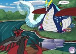 absurd_res cake creek dessert dragon dutch_angel_dragon food hi_res hungry hyperchibiabsol kellogg_(echance01) mythological_creature mythological_scalie mythology overweight picnic river ryth_(rhythmagic) scalie sparkles sparkling_eyes worried