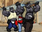 2017 abs anthro armor beard belly belt belt_pouch biceps biped black_belt black_body black_clothing black_ears black_fingerless_gloves black_fur black_gloves black_hair black_handwear black_nose blue_bottomwear blue_clothing blue_pants bottomwear brown_bottomwear brown_clothing brown_pants canid canine clothed clothing construction_site construction_worker dipstick_tail eyebrows eyes_closed eyewear facial_hair facial_horn fingerless_gloves fluffy fluffy_tail fox fur fur_markings glass glasses gloves gloves_(marking) grey_body grey_skin group hair handwear hard_hat hat headgear headwear helmet holding_feather holding_object horn jewelry kc_(kctk) kctk loose_feather male male/male mammal markings multicolored_body multicolored_fur muscular muscular_anthro muscular_male narrowed_eyes navel necklace nose_horn pants red_body red_fur rhinoceros shirt smile snout standing tail tail_markings tank_top teeth tickle_fetish tickling tickling_belly topwear trio vest wearing_glasses wearing_goggles white_body white_clothing white_fur white_hat white_headwear white_inner_ear white_shirt white_tail_tip white_tank_top white_topwear