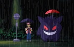 2d_animation animated bus_stop crossover duo generation_1_pokemon gengar ghibli grin low_res male my_neighbor_totoro nintendo outside pokemon pokemon_(species) pokemon_trainer raining red_(pokemon) short_playtime smile totoro_bus_stop umbrella unknown_artist waiting water