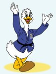 2024_paris_olympics 3:4 anatid anseriform anserinae anthro avian beak bird bottomless bottomless_anthro bunny75 clothed clothing disney_style feathers female goose hair hi_res judo short_hair simple_background solo sport_uniform swedish tail tail_feathers young