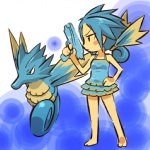 1:1 alternate_species bad_trigger_discipline bare_shoulders barefoot blue_hair clothing cosplay dress duo feet female feral fish generation_1_pokemon gun hair hitec holding_gun holding_object holding_ranged_weapon holding_weapon human humanized mammal marine nintendo pokemon pokemon_(species) ponytail ranged_weapon ribbons seadra seahorse siphon_(anatomy) syngnathid syngnathiform weapon