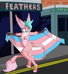 avian beak belly big_ears breasts feathers female flag flag_(object) fluffy_chest fluffy_ears fur gryphon hair hi_res holding_flag holding_object hybrid koeru koeru_(koeru) lgbt_pride lgbt_pride_month long_tail mohawk mythological_avian mythological_creature mythology nipples open_beak open_mouth paws pink_belly pink_body pink_feathers pink_fur prancing pride_color_flag pride_colors purple_eyes simple_background small_breasts solo tail teal_hair teal_nipples teal_tongue tongue tongue_out transgender_pride_colors