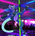 absurd_res ampwave anthro balls blue_body blue_fur bulge caliluminos claws clothing dancing electrocardiogram freakuency fur genitals heart_symbol heartbeat_line hi_res hypnotic_eyes male neon neon_lights open_mouth panties penis pink_body pink_fur pole pole_dancing purple_body purple_fur rave ringed_eyes solo speaker_ears strip_club stripes tongue tongue_out underwear