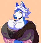 anthro big_breasts blue_lips blue_nose breasts canid canine canis classical classical_art classical_elements darbo digital_drawing_(artwork) digital_media_(artwork) domestic_dog female grey_eyes hair half-length_portrait hi_res huge_breasts husky hyper hyper_breasts leonardo_da_vinci_(artist) lips looking_at_viewer mammal nipple_outline nordic_sled_dog parody portrait renaissance satanickpaws simple_background solo spitz white_hair