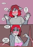 anthro blush breasts brother_(lore) brother_and_sister_(lore) cleavage clothed clothing comic dialogue ear_piercing ear_ring eating english_text female fish green_eyes hair hi_res lizzard_sama male marine non-mammal_breasts piercing red_hair ring_piercing rowan_(kai_the-shark) serena_(kai_the-shark) shark sibling_(lore) sister_(lore) teasing text