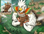 absurd_res anthro armor avian bird braided_pseudo_hair breath_of_the_wild feathers forest hi_res high-angle_view kneeling landscape_dwarfing looking_down low-angle_view macro male nintendo plant rito rito_village smile solo teba_(tloz) the_legend_of_zelda tree valley wfa white_body white_feathers