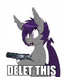 bat_pony bat_wings delet_this equid fan_character fangs female feral fur grey_body grey_fur gun hair handgun hasbro holding_gun holding_object holding_ranged_weapon holding_weapon hooves mammal mane membrane_(anatomy) membranous_wings meme my_little_pony nolegs_(oc) pistol pupils purple_eyes purple_hair purple_mane purple_wings ranged_weapon reaction_image replica_(artist) short_hair simple_background slit_pupils solo teeth weapon wings