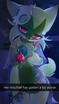 4:7 absurd_res anthro blush blush_lines bodily_fluids candy cheek_tuft clothing dessert dipstick_ears ear_markings english_text facial_tuft female floragato fluffy fluffy_tail food fur generation_9_pokemon green_body green_ear_tips green_ears green_fur green_tail green_tuft hi_res lollipop multicolored_ears nintendo pink_tongue pokemon pokemon_(species) pupils red_eyes saliva saliva_string slit_pupils snapchat solo standing tail text tongue tongue_out tuft yuio