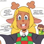 1:1 anthro blonde_hair brown_hair buckteeth clothed clothing deer deltarune drawligator duo english_text female freckles hair hi_res horn human kris_(deltarune) looking_at_viewer mammal noelle_holiday open_mouth open_smile smile smiling_at_viewer talking_to_viewer teeth text undertale_(series)