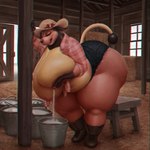 1:1 absurd_res anthro areola barn barn_door belly bent_over big_breasts big_butt black_boots black_clothing black_ears black_footwear black_hands black_head black_nose bodily_fluids boots bottomwear bovid bovine bow_(feature) breast_milking breasts bucket butt chair checkered checkered_clothing checkered_shirt checkered_topwear clothing container cowboy_hat curvy_figure cutoffs denim denim_bottomwear denim_clothing digital_media_(artwork) digital_painting_(artwork) door exposed_breasts eyes_closed female filling_container footwear full-length_portrait furniture generation_2_pokemon hand_on_breast hand_on_pole hat hay hay_bale headgear headwear hi_res holding_breast huge_breasts huge_butt huge_hips huge_thighs hyper hyper_breasts inside lactating mammal metal_bucket milk milking_self miltank multicolored_body nintendo nipples obese open_door open_mouth overweight overweight_anthro overweight_female pants patacon pattern_clothing pattern_shirt pattern_topwear pink_areola pink_body pink_nipples pokemon pokemon_(species) portrait shirt shoes shorts smile solo stool thick_thighs topwear two_tone_body wall_(structure) white_body wide_hips window wood wood_chair wood_door wood_furniture wood_wall