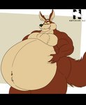 2024 anthro belly belly_grab big_belly canid canine canis chest_tuft coyote fangs fur half-closed_eyes hand_on_belly hi_res looney_tunes low-angle_view male mammal morbidly_obese narrowed_eyes navel nude obese obese_anthro obese_male overweight overweight_anthro overweight_male signature smile solo teeth tongue tongue_out tuft warner_brothers wile_e._coyote zangokunatenshi