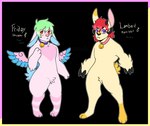 anthro bell bell_collar blush bovid caprine collar crotch_fur digital_media_(artwork) duo fingers floppy_ears fluffy friday_(puppetmaster13uwu) green_hair hair hooved_fingers hooves horn hybrid lagomorph lambert_(puppetmaster13uwu) leporid lop_ears male maleherm_(lore) mammal markings model_sheet nonbinary_(lore) paws pink_body puppetmaster13uwu purple_eyes rabbit rabbit_ears rambit red_eyes red_hair scut_tail sheep short_tail shy skvader spread_wings striped_markings stripes tail wings yellow_body