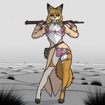 1:1 2024 accessory akai_hime_(wild_assault) anthro big_breasts blonde_hair bra breasts canid canine canis clothed clothing coat collar combat_cat_studio digital_media_(artwork) diskeit female footwear fox garter gun hair heterochromia holding_object holding_weapon leg_garter legwear mammal multicolored_body navel ranged_weapon shoes shotgun solo tail topwear under_boob underwear weapon wild_assault