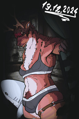Rating: q
ID: 5251976
Date: 2024-12-19 00:45:49 -0500
Status: active
Score: 44
2:3 accessory anthro antlers blahaj blush bra breasts brown_body bulge chest_tuft clothed clothing countershading deer digital_drawing_(artwork) digital_media_(artwork) fur garter gynomorph hair hi_res horn ikea intersex looking_at_viewer mammal neck_tuft new_world_deer pubes reindeer short_hair snushi solo standing teeth thick_thighs tooth_gap trans_(lore) trans_woman_(lore) tuft underwear underwear_only post #5251976