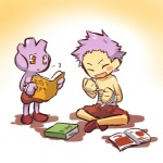 1:1 alternate_species bandage blush book bottomwear clothed clothing cosplay duo generation_2_pokemon hair hitec human humanized humanoid male mammal moemon nintendo not_furry pokemon pokemon_(species) purple_hair shorts topless tyrogue