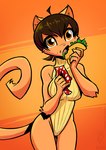 2022 anthro brown_hair clothing conditional_dnp domestic_cat eating felid feline felis female food fur hair jollyjack leotard lettuce mammal napkin open_mouth orange_background orange_body orange_eyes orange_fur plant simple_background solo taco tail vegetable