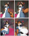 4:5 alice_in_wonderland anari_(akkarri) anthro belly big_belly canid canine clothing comic dessert digital_media_(artwork) eating female food fox growth heart_symbol hi_res ice_cream mammal obese obese_anthro obese_female overweight overweight_anthro overweight_female riddleaugust solo weight_gain