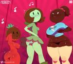 absurd_res adventure_time anthro anthrofied areola big_breasts black_clothing black_eyes black_panties black_underwear blue_clothing blue_topwear breasts brown_body brown_hair brown_skin butt candy candy_humanoid candy_people_(at) cartoon_network chocoberry chocolate_covered_banana_(adventure_time) clothed clothing crop_top dark_body dark_skin dessert dress elemental_creature elemental_humanoid english_text female flora_fauna food food_creature food_hair food_humanoid footwear front_view fruit fruit_humanoid glistening glistening_body glistening_clothing green_body green_clothing green_skin grin group hair hi_res humanoid legwear light_body light_skin living_candy living_fruit living_strawberry lollipop_girl looking_at_viewer low-angle_view motion_lines musical_note musical_symbol navel nipple_outline non-mammal_breasts noseless nude one_eye_closed panties plant plant_humanoid ponytail pose pseudo_hair rear_view red_areola red_body red_skin shirt short_hair slightly_chubby small_breasts smile smug somescrub standing strawberry symbol text thigh_highs topwear trio twitter twitter_logo underwear upskirt white_clothing white_panties white_underwear wide_hips wink