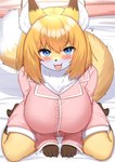 2024 anthro barefoot bed big_breasts blonde_hair blue_eyes blush breasts brown_body brown_fur canid canine claws clothing cute_fangs digital_media_(artwork) dipstick_ears dipstick_tail ear_markings fangs feet female female_anthro fluffy fox fox_next_door_(horokusa) fur furniture gloves_(marking) hair hi_res high-angle_view horokusa0519 huge_breasts inner_ear_fluff kemono leg_markings looking_at_viewer mammal markings multicolored_body multicolored_ears multicolored_fur neck_tuft on_bed open_mouth pajamas short_hair sitting socks_(marking) solo tail tail_markings teeth tight_clothing toe_claws toes tongue tongue_out tuft wariza white_body white_fur yellow_body yellow_fur