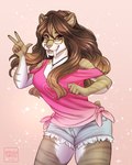 2019 anthro big_fangs bottomwear brown_body brown_eyes brown_fur brown_hair clothed clothing eyelashes eyewear fangs felid female fur glasses grey_bottomwear grey_clothing hair hi_res long_hair mammal open_mouth open_smile pink_clothing pink_topwear smile solo sora_(soracalico) teeth tiggybloom topwear white_body white_fur