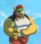 anthro athletic_wear belly biceps big_pecs bottomwear bowser bulge clothing eyebrows fangs hair hi_res horn koopa male mario_bros muscular nintendo patadeperro pecs scalie seductive shorts sky skyscape smile solo standing sunny teeth