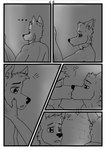 aariel_(wolfyalex96) anthro axel_(wolfyalex96) canid canine comic digital_media_(artwork) duo eyes_closed french_kissing hand_on_cheek hand_on_face hi_res jewelry kiss_on_lips kissing male male/male mammal medibang_paint_(artwork) monochrome necklace shirtless wolfyalex96