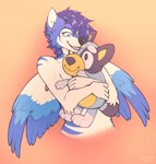 anthro arm_tuft artist_name blue_body blue_eyes blue_feathers blue_fur blue_markings blue_wings bluey_(series) canid canine cheek_tuft elbow_tuft eyelashes facial_tuft fangs feathered_wings feathers female fur glistening glistening_eyes hair hi_res holding_object holding_plushie hug hugging_object hugging_plushie mammal markings open_mouth open_smile plushie purple_hair red_tongue seraphictiger simple_background smile solo tala_(suntattoowolf) teeth tongue tuft white_body white_feathers white_fur white_wings wings