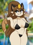 2024 anthro big_breasts bikini black_bikini black_clothing black_swimwear breasts brown_hair clothing collarbone eyebrows eyelashes fangs female fur generation_1_pokemon grey_eyes hair hand_on_hip hi_res i_am_kat95 looking_at_viewer meowth nintendo pokemon pokemon_(species) ponytail solo swimwear tan_body tan_fur teeth two-piece_swimsuit wide_hips